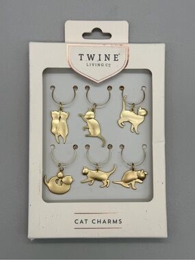 Twine Living Co Cat Wine Charms Set of 6 Gold Stemware Markers Barware Gift NIB